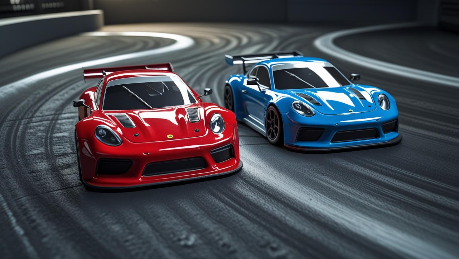 mini-z RC race cars racing side by side on indoor track from the perspective of cars approaching and from above(1) mini-z RC race cars racing